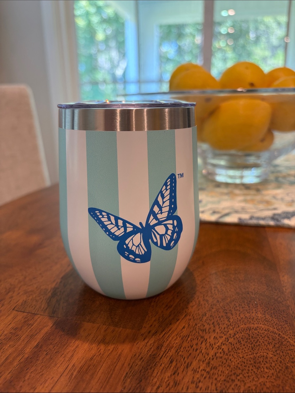 Dolly Parton Striped Light Blue & White Insulated Stemless Tumbler with 🦋